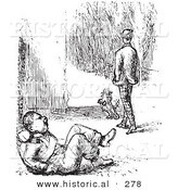 Historical Vector Illustration of a Man Walking Away After Beating a Guard up - Black and White Version by Al