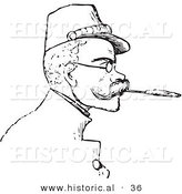 Historical Vector Illustration of a Man with a Mustache, Glasses, and a Hat, Smoking a Cigarette - Black and White Version by Al
