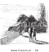 Historical Vector Illustration of a People Walking near Castle Ruins - Black and White Version by Al