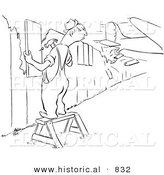 Historical Vector Illustration of a Raging Mad Cartoon Male Worker Repairing a Broken Fence Panel As a Plane Crashes Through Another Section of His Fence - Black and White Outlined Version by Al