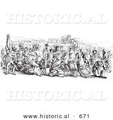 Historical Vector Illustration of a Retro Mail Train Surrounded with People - Black and White Version Retro Mail Train Surrounded with People by Al