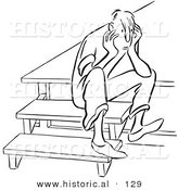 Historical Vector Illustration of a Sad Young Man Sitting on Steps Thinking While Staring - Black and White Outlined Version by Al