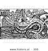 Historical Vector Illustration of a Sea Serpent Creature Attacking a Ship - Black and White Version by Al