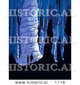 Historical Vector Illustration of a Silhouetted Man and Woman Exploring an Underground Cave by Al