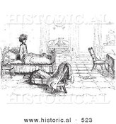 Historical Vector Illustration of a Sleepless Man Bothered by Mosquitoes in His Bedroom - Black and White Version by Al