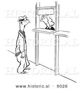 Historical Vector Illustration of a Stern Cartoon Female Worker Staring at a Man from Behind a Counter - Black and White Outlined Version by Al