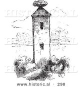 Historical Vector Illustration of a Stork Nest on a Tower - Black and White Version by Al