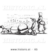 Historical Vector Illustration of a Strong Dog Pulling a Boulder in a Wheel Barrow - Black and White Version by Al