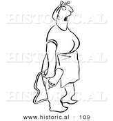 Historical Vector Illustration of a Surprised Cartoon Woman Holding a Power Drill While Staring at Something - Black and White Outlined Version by Al