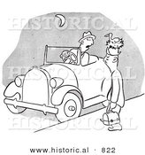 Historical Vector Illustration of a Tired Cartoon Male Worker Waiting a Long Time for a Ride to Work - Black and White Outlined Version by Al