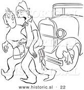 Historical Vector Illustration of a Tired Cartoon Worker Man Losing Part of His Pants on a Car While Walking with a Lady - Black and White Version by Al