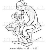 Historical Vector Illustration of a Tired Male Cartoon Worker Eating a Sandwich for Lunch - Black and White Outlined Version by Al