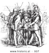 Historical Vector Illustration of a Traveler Getting Arrested for Having an Illegal Hat - Black and White Version by Al