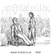Historical Vector Illustration of a Waiter Standing and Staring at a Tired Customer Leaned Back in His Chair - Black and White Version by Al