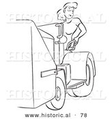 Historical Vector Illustration of a Young, Attractive Female Worker Operating a Machine with a Smile - Black and White Version by Al