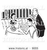 Historical Vector Illustration of a Young Couple Looking over a Menu While a Waiter Takes Their Order at a Restaurant - Black and White by Al