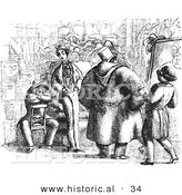 Historical Vector Illustration of an Artist Selling Portraits to a Small Crowd of People - Black and White Version by Al