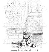 Historical Vector Illustration of an Artist Sketching While Seated in a Big Room - Black and White Version by Al