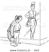 Historical Vector Illustration of an Obese Cartoon Woman Looking at a Skinny Mannequin in a Store Front Display - Black and White Outlined Version by Al