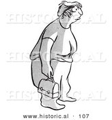 Historical Vector Illustration of an Obese Cartoon Woman Standing and Staring While Holding a Lunchbox - Black and White Outlined Version by Al