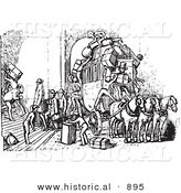 Historical Vector Illustration of an Omnibus Full of People Arriving at a Hotel - Black and White Version by Al