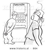 Historical Vector Illustration of an Undecided Cartoon Man Standing in Front of a Cigarette Machine While Watching a Happy Woman Walk by Smoking a Pipe - Black and White Outlined Version by Al