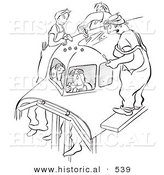 Historical Vector Illustration of Anxious Cartoon Pilots Playing in a Plane on the Assembly Line - Black and White Version by Al