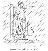 Historical Vector Illustration of Cartoon Male Workers Standing Inside an Opened Door Looking out into a Rain Storm - Black and White Outlined Version by Al