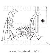 Historical Vector Illustration of Cartoon Medics Carrying a Twisted Man to an Emergency Medical Room - Black and White Outlined Version by Al
