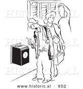 Historical Vector Illustration of Cartoon Workers Clocking into Work - Black and White Outlined Version by Al