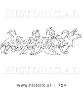 Historical Vector Illustration of Cranes and Pygmies Battling - Black and White Version by Al