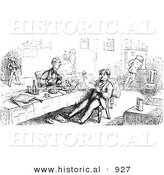 Historical Vector Illustration of Men Eating and Reading at a Restaurant - Black and White Version by Al
