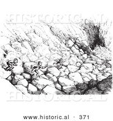 Historical Vector Illustration of Men Running over Boulders down a Cliff to Hitch a Ride on a Passing Carriage - Black and White Version by Al