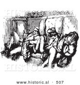 Historical Vector Illustration of Men Sleeping in a Crowded Train Car - Black and White Version by Al