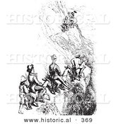 Historical Vector Illustration of People Riding Mules up a Steep Cliff - Black and White Version by Al