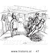 Historical Vector Illustration of People Sitting Around a Chatty Man on a Boat - Black and White Version by Al