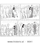 Historical Vector Illustration of Scenes Featuring a Cartoon Woman Flirting with Men Waiting in a Line - Black and White Outlined Version by Al