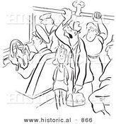 Historical Vector Illustration of Unhappy Cartoon People Riding on a Crowded Bus - Black and White Outlined Version by Al