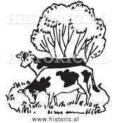 Illustration of a Couple of Cows Grazing Beside a Tree - Black and White by Al