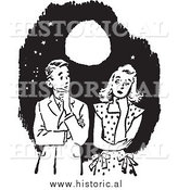Illustration of a Young Couple Having Awkward Moment Under a a Beautiful Full Moon - Black and White by Al