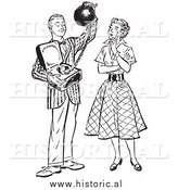 Illustration of a Young Man Offering His Girlfriend Commitment Attached to a Heavy Weight - Black and White Retro Concept by Al