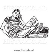 April 6th, 2014: Illustration of Teenage Boy Talking on Old Telephone - Black and White by Al