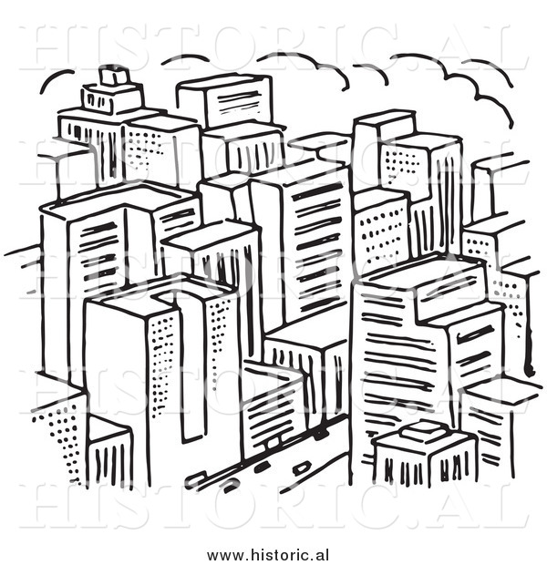 Clipart of a Big City with Lots of Skyscrapers - Black and White Line Drawing