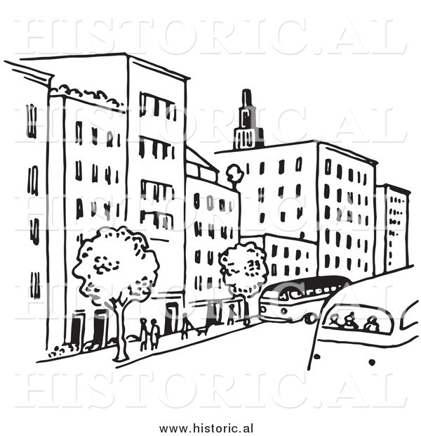 Clipart of a City Street with Buildings, Trees, People, and Buses - Black and White Line Art