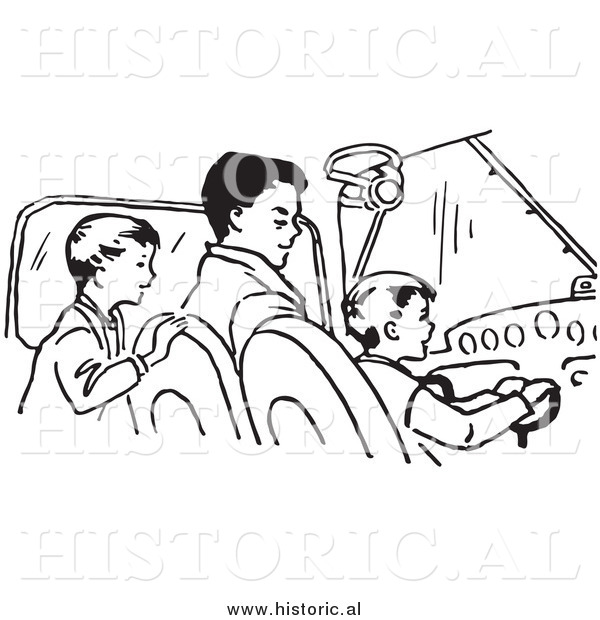 Clipart of a Dad Teaching His Sons How to Fly an Airplane - Black and White Retro Drawing