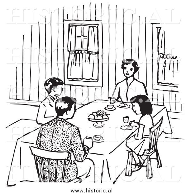 Clipart of a Family Eating at Dinner Table - Black and White Retro Drawing