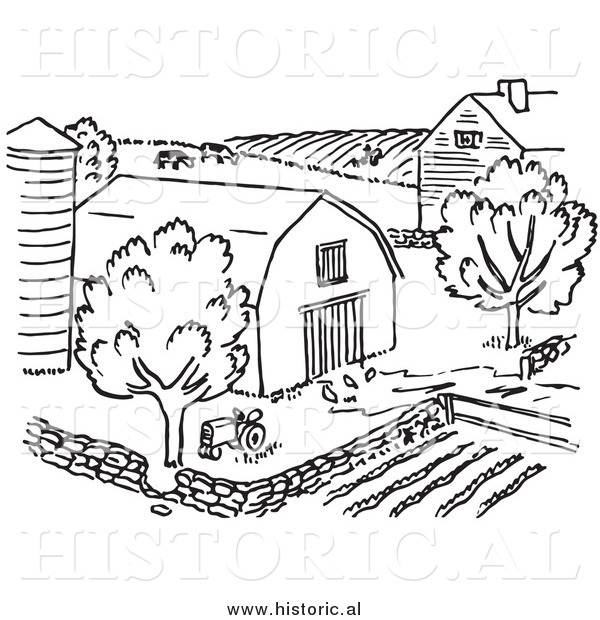 Clipart of a Farm with Barn, Silo, Trees, and Garden - Black and White Line Art