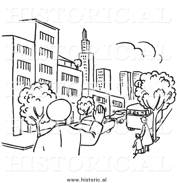 Clipart of a Police Man Waving at City with Cars and People - Black and White Line Art