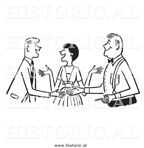 Clipart of a Smiling Lady Introducing Two Guys - Black and White Drawing