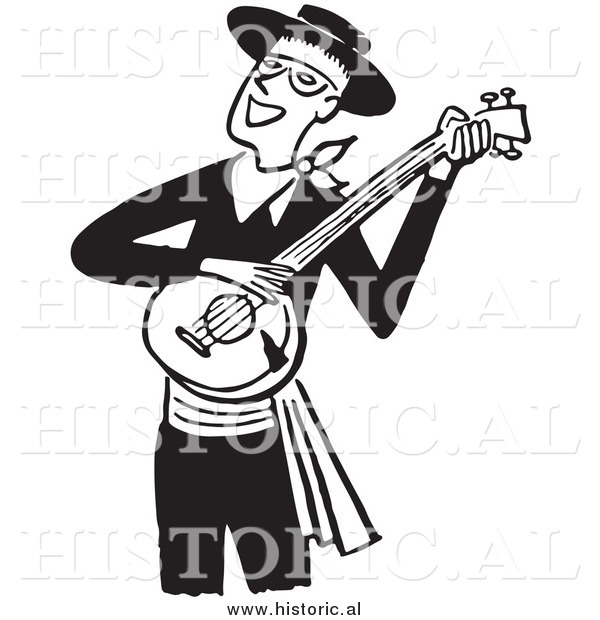 Clipart of a Smiling Man Playing a Banjo - Black and White Drawing